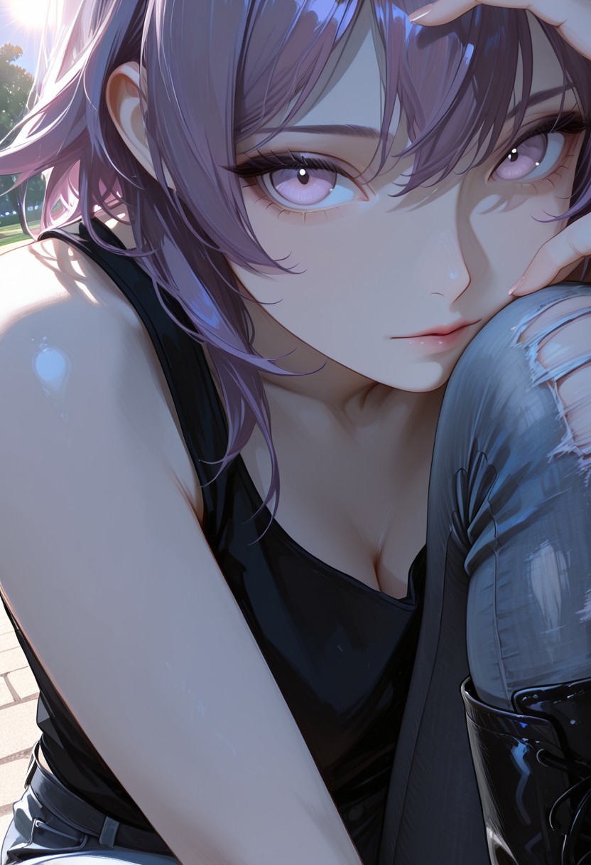 masterpiece, high_quality, highres, park, sun, bright, close-up, extreme close-up face, face focus, hand up for shade,
1girl, LillyW, purple hair, light gray skin, lilac eyes,, ripped jeans, black tank top, black boots, looking at viewer