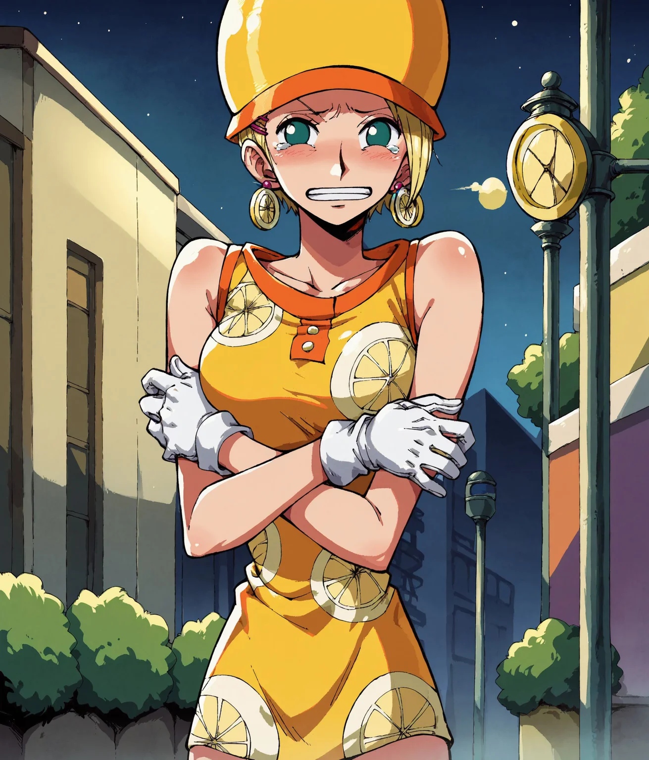 score_9,score_8_up,score_7_up,score_6_up,score_5_up,score_4_up BREAK
(1girl,solo:1.2),Mikita,blonde hair,green eyes,orange brim yellow crochet hat,miniskirt,short hair,sleeveless,orange yellow dress,lemon earrings,pink hairclip,white gloves,<lora:Mikita101064v2_ponyDV6> BREAK
cowboy_shot,(small eyes:1.3),standing,(hug own arms:1.1),cry,sad,tears,scared,clenched teeth,blush,looking at viewer,night city street,