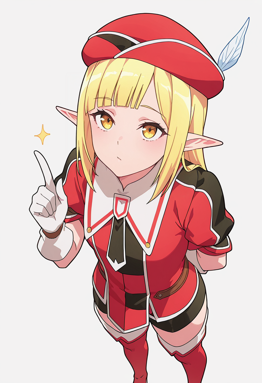 Smooth Quality,masterpiece,very intricate, high quality details, ultra realistic, high detailed skin,detailed enviorement,absurdres,
pointing up,solo,
 <lora:Rune_Noma_CNR:0.8> rune_cnr, pointy ears, blonde hair, long hair, yellow eyes, blunt bangs, elf, thighhighs, thigh boots, shorts, gloves, red hat, hat feather, beret, short sleeves, necktie,, simple background, white background, from above,
standing, arms behind back, looking up, calm expression, relaxed posture,  ,, 0 0,