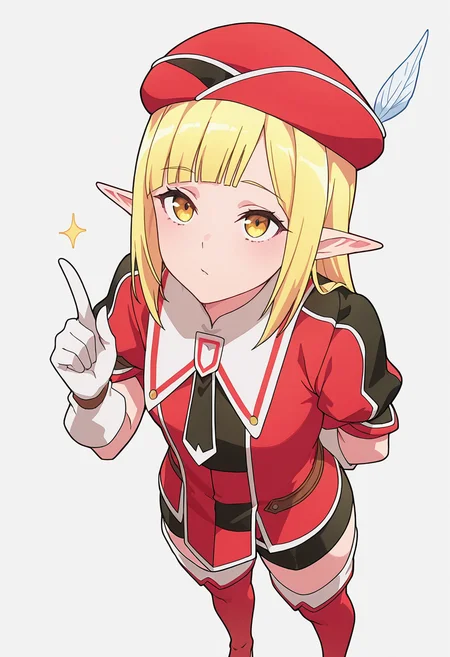 Smooth Quality,masterpiece,very intricate, high quality details, ultra realistic, high detailed skin,detailed enviorement,absurdres,
pointing up,solo,
<lora:Rune_Noma_CNR:0.8> rune_cnr, pointy ears, blonde hair, long hair, yellow eyes, blunt bangs, elf, thighhighs, thigh boots, shorts, gloves, red hat, hat feather, beret, short sleeves, necktie,, simple background, white background, from above,
standing, arms behind back, looking up, calm expression, relaxed posture, ,, 0 0,