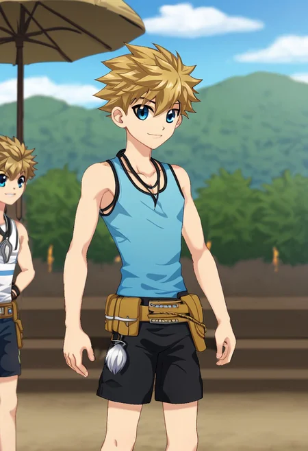 connor bleufin, blond hair, short hair, spiky hair, blue eyes, 1boy, solo, solo focus, medium build body, wear blue tank top, wear black shorts, outdoor, sunny day, clear sky, standing