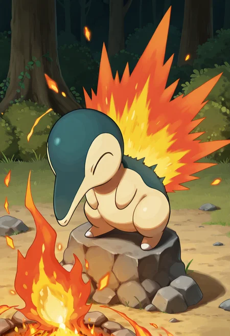 masterpiece, best quality, no humans, solo, zzCyndaquil, perched on a mossy rock beside a campfire, mirroring the flickering flame with its own glowing flare. ,<lora:CyndaquilPokedex_IXL:1.0>,
