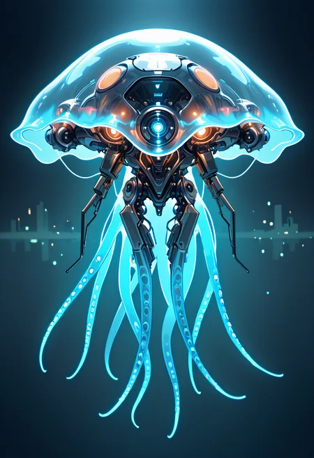 masterpiece, best quality, no humans,   ,<lora:TechJelly_IXL:0.7>,  TechJelly, translucent body, glowing blue tentacles, mechanical core, sleek metal fins, cybernetic implants, high-tech wires, neon-lit cityscape, floating pose, futuristic perspective, electric atmosphere â TechJelly drifts effortlessly through the neon-lit skies of a sprawling cyberpunk city. Its translucent body pulses with soft blue light, the glowing tentacles flowing like liquid electricity, illuminating the darkened alleys below. The sleek metal fins along its sides gleam under the cityâs vibrant lights, and its mechanical core hums with power. High-tech wires extend from its body, snaking through the air, conducting an electric charge. The atmosphere crackles with energy, as the creature moves with both elegance and precision, a perfect fusion of nature and technology. Its floating pose gives it an otherworldly grace, suspended in a world of constant motion.,