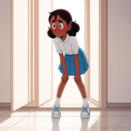 connie_maheswaran, score_9, score_8_up, score_7_up, score_6_up, score_5_up, score_4_up, BREAK, source_anime, full body, indoors, small breasts, white button up shirt, blue skirt, white tennis shoes, blush, leaning forward, blush, desperate, desperation, holding in pee
