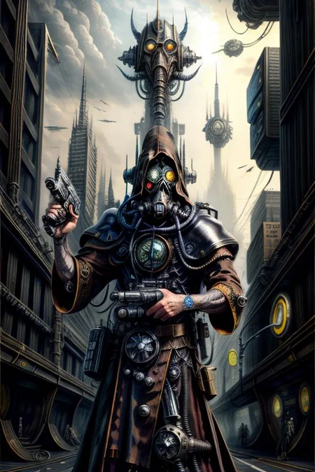 ((masterpiece,best quality)), absurdres, BREAK
mechanical arms, black robes, hood, BREAK
((techpriest)), cyborg, mechanical face, mechanical limbs, gas mask, mechanical tentacles, (mechanical backpack), BREAK
1other, solo, holding pistol, firearm, handgun, pistol, gun, BREAK
factory background, smoggy sky, air pollution, smokestacks, BREAK
(1970retrofuturism),