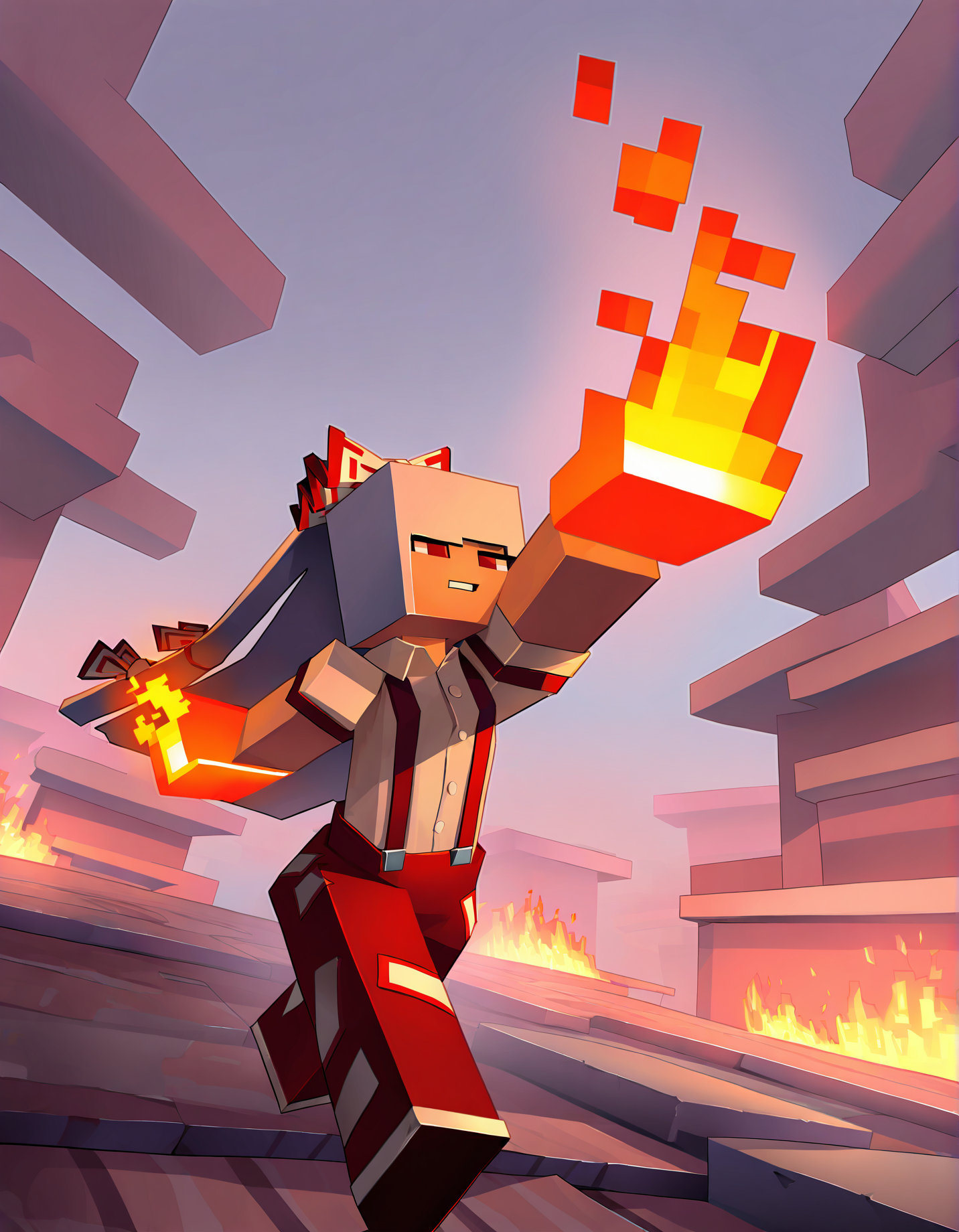 officialminecraft, 1girl, solo, fujiwara no mokou, fire, flaming hand,
very awa, masterpiece, best quality, year 2024, newest, highres, absurdres, <lora:minecraft-style-noobai-epspred11:0.8>