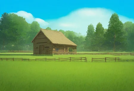 very awa, masterpiece, best quality, hightres, absurdres, outdoors, sky, day, cloud, tree, blue sky, no humans, grass, scenery, fence, house, fataStyle, <lora:FATAIL:1>