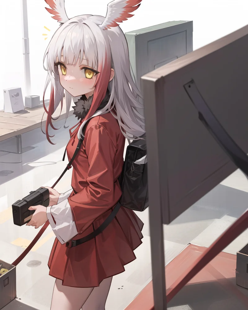 best quality,highly detailed,masterpiece,ultra-detailed,solo,(1girl),(Delicate eyes),(white background:1.3),japanese_crested_ibis_\(kemono_friends\),long hair,yellow eyes,