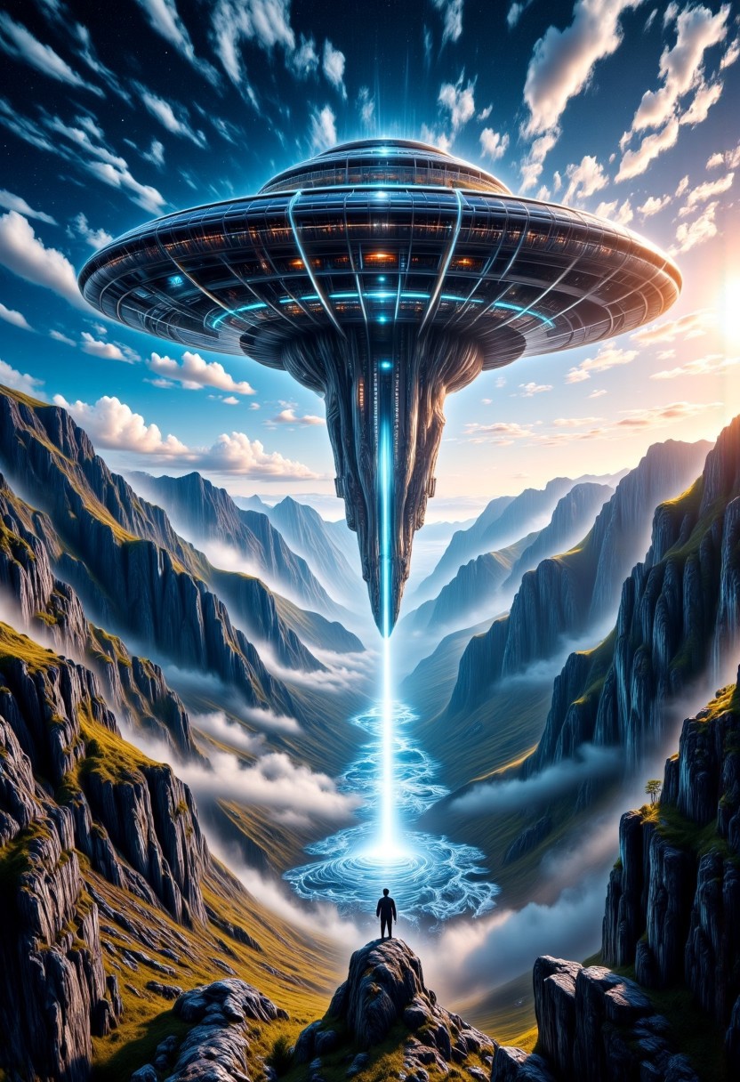 An enormous alien mothership with a biomechanical, futuristic design hovers ominously over a vast mountainous landscape. Its colossal frame is adorned with intricate metallic plating, glowing energy conduits, and surreal organic-mechanical structures, pulsing with an eerie, otherworldly luminescence. The ship’s underside is lined with crystalline nodes and shimmering panels, releasing beams of shimmering blue and gold energy, cascading down like flowing liquid light. The beams illuminate the rugged terrain below, casting long, ethereal shadows across jagged cliffs and deep valleys.
The surrounding mountains are steep, rugged, and covered in a thin layer of mist, refracting the glowing alien beams like a spectral prism. The sky is an awe-inspiring mix of celestial storms and swirling nebulae, with streaks of distant starlight piercing through the alien atmosphere. The ambient lighting is cinematic and dramatic, with volumetric fog swirling in the valleys, enhancing the surreal atmosphere. The scene is imbued with a sense of grand scale, hyperreal detail, and science-fiction majesty, evoking awe and mystery.
The composition is ultra-detailed, photorealistic yet surreal, with crisp clarity and intricate textures. The light interactions feel tangible, creating a mesmerizing balance between hyperrealism and fantastical sci-fi aesthetics.
