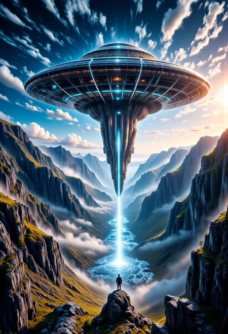 An enormous alien mothership with a biomechanical, futuristic design hovers ominously over a vast mountainous landscape. Its colossal frame is adorned with intricate metallic plating, glowing energy conduits, and surreal organic-mechanical structures, pulsing with an eerie, otherworldly luminescence. The ship’s underside is lined with crystalline nodes and shimmering panels, releasing beams of shimmering blue and gold energy, cascading down like flowing liquid light. The beams illuminate the rugged terrain below, casting long, ethereal shadows across jagged cliffs and deep valleys.
The surrounding mountains are steep, rugged, and covered in a thin layer of mist, refracting the glowing alien beams like a spectral prism. The sky is an awe-inspiring mix of celestial storms and swirling nebulae, with streaks of distant starlight piercing through the alien atmosphere. The ambient lighting is cinematic and dramatic, with volumetric fog swirling in the valleys, enhancing the surreal atmosphere. The scene is imbued with a sense of grand scale, hyperreal detail, and science-fiction majesty, evoking awe and mystery.
The composition is ultra-detailed, photorealistic yet surreal, with crisp clarity and intricate textures. The light interactions feel tangible, creating a mesmerizing balance between hyperrealism and fantastical sci-fi aesthetics.