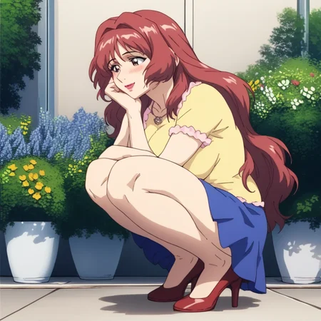source_anime, ((score_9)),score_8_up,score_7_up,score_6_up,score_5_up,score_4_up, takama_kozue, t4k4m4k0zu3, 1woman, squatting, large breasts, brown_eyes, eyelashes, long hair, red hair, hair intakes, bang, sidelocks, blush, florist, yellow shirt blue skirt, jewelry, smile, lipstick, highheels, masterpiece, best quality