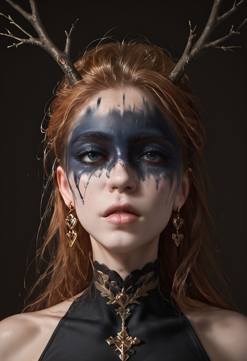 score_9,score_8_up,score_7_up,
surreal minimalist composition,hyperrealistic details,soft focus,timeless elegance,style raw,
nsfw,Expressiveh,
(masterpiece, best quality:1.4), newest, absurdres, highres, 
Solo, 1girl, Natalya,
WarPaint, facepaint, makeup,
black folk dress, deer antlers on head, slender body, skinny, medium firm round breasts, pale skin, ((full pouty lips)),
Pinup pose, seductive pose,  
cinematic lighting, 8k, sharp focus