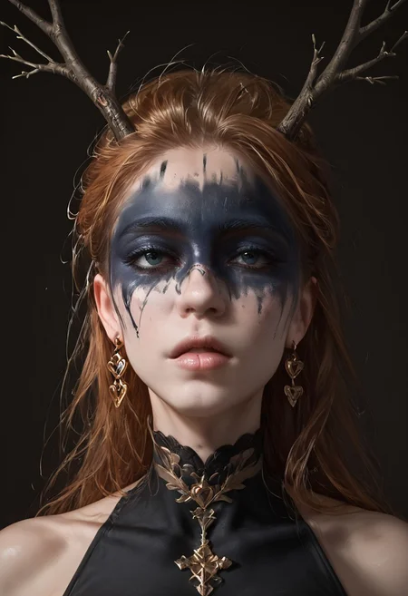 score_9,score_8_up,score_7_up,
surreal minimalist composition,hyperrealistic details,soft focus,timeless elegance,style raw,
nsfw,Expressiveh,
(masterpiece, best quality:1.4), newest, absurdres, highres,
Solo, 1girl, Natalya,
WarPaint, facepaint, makeup,
black folk dress, deer antlers on head, slender body, skinny, medium firm round breasts, pale skin, ((full pouty lips)),
Pinup pose, seductive pose,
cinematic lighting, 8k, sharp focus