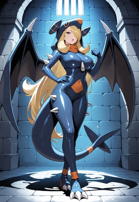 (masterpiece), (best quality), (ultra-detailed), (best illustration), (best shadow), (absurdres), (detailed background),(very aesthetic), 1girl, solo, cynthia_\(pokemon\), hair_over_one_eye, large_breasts, full body, rey dau costume, rey dau outfit, rey dau cosplay, looking at viewer, expressionless, awe, open mouth, dungeon, shiny clothes, tight clothes, horns, wings, tail, claws