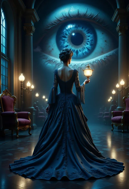 The image is a digital artwork in a fantastical, surreal style, featuring a woman standing in a grand, ornate, dimly lit room. She is dressed in an elaborate, 19th-century style gown with a high waist and a flowing, voluminous skirt that drapes elegantly across the floor. The gown is a deep, dark blue color with intricate, slightly see-through lace detailing. In one hand, she holds a delicate, antique lamp, its soft glow casting long shadows across the room, while before her, a massive, otherworldly eye slowly opens, its gaze eerily fixed on her from the darkness.