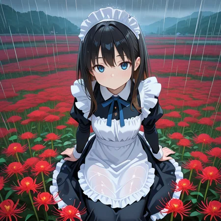 <lora:IL_lycoris_spider_lily:1>,lycoris/(flower/),1girl,solo,no mouth,disheveled hair,looking at viewer,rain,sitting,arm support,from above,flower field,maid headdress,waist apron,maid,, masterpiece,amazing quality,best quality,ultra-detailed,8K,illustration,CG,shiny hair,clear skin,ultra-detailed-eyes,ultra-detailed-background,