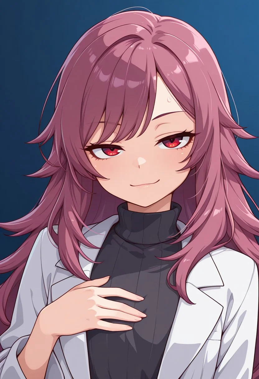 1girl,solo,cute,
mira, flat chest, slim build, fair skin, red eyes, long hair,messy hair, layered hair, dark pink hair, side bangs, waist-length hair, hair tufts
smirk, half-closed eyes, mischievous expression, hand on chest, relaxed posture
lab coat, turtleneck dress, dark gray outfit, semi-formal attire, scientist outfit
looking at viewer,portrait
Simple blue background,(soft focus:1.3),
masterpiece, amazing quality, best quality, ultra-detailed, 8K, illustration, CG, shiny hair, clear skin, ultra-detailed-eyes, eyelashes, highly detailed,
