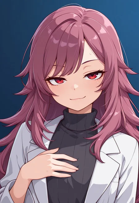 1girl,solo,cute,
mira, flat chest, slim build, fair skin, red eyes, long hair,messy hair, layered hair, dark pink hair, side bangs, waist-length hair, hair tufts
smirk, half-closed eyes, mischievous expression, hand on chest, relaxed posture
lab coat, turtleneck dress, dark gray outfit, semi-formal attire, scientist outfit
looking at viewer,portrait
Simple blue background,(soft focus:1.3),
masterpiece, amazing quality, best quality, ultra-detailed, 8K, illustration, CG, shiny hair, clear skin, ultra-detailed-eyes, eyelashes, highly detailed,