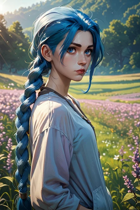 score_9, score_8_up, score_7_up, score_6_up
<lora:AJinx:0.8>
AJinx, 1girl, blue hair, twin braids, blue eyes, long hair, looking at viewer, standing in a field of lavender, hands in pockets, slight breeze blowing hair, warm golden hour sunlight, serene and peaceful mood