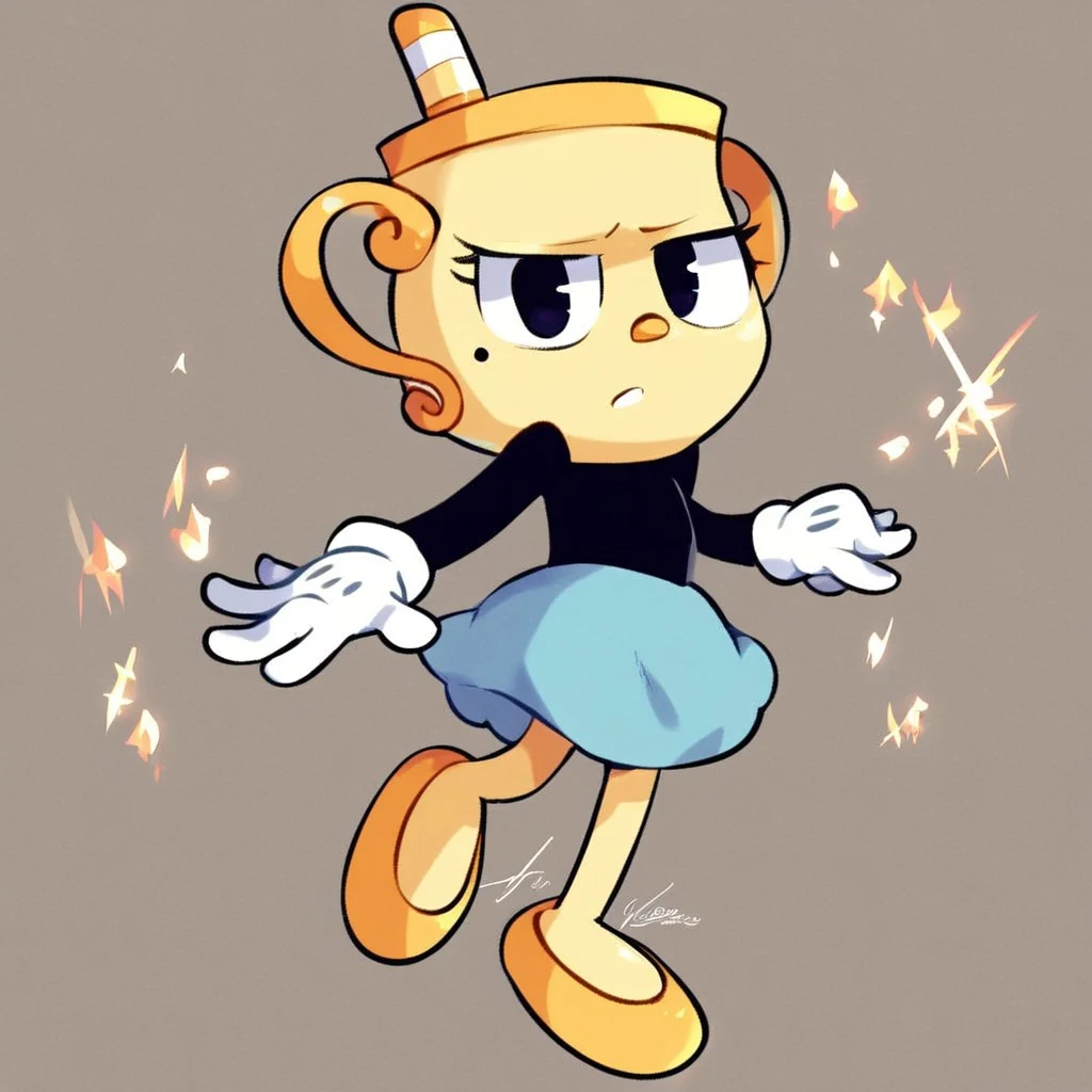 ms. chalice, ms. chalice (game), yellow skin, handles, black shirt, long sleeves, white gloves, blue skirt, golden flats,
1girl, solo, score_6, score_7,
