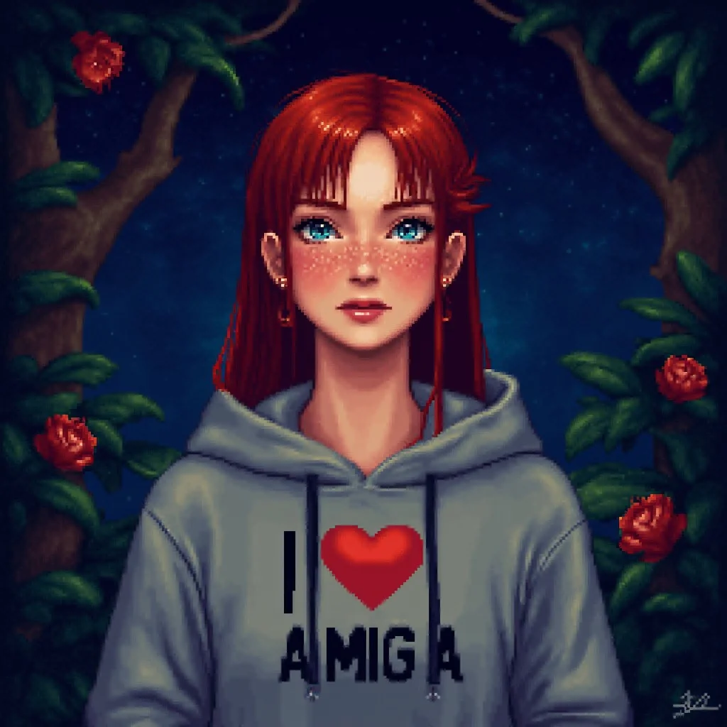 pixel art style image of an upper body portrait of a teenage girl with straight red hair and freckles, wearing a cool hipster hoodie that has I LOVE AMIGA written on it by the word LOVE is a red heart. flowers in hair, fantasy style. in the background is a majestic elven garden at night