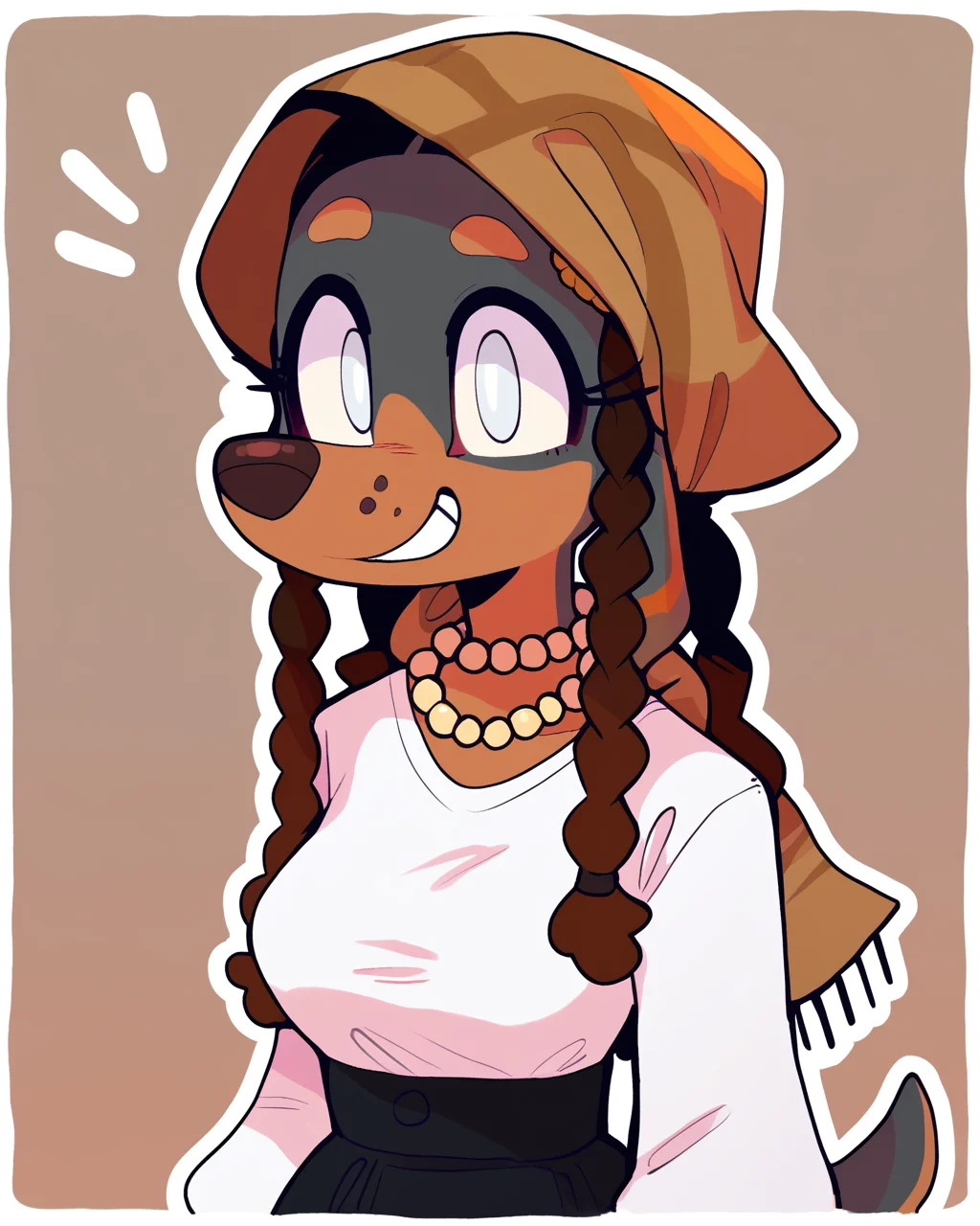 score_9_up, score_8_up, score_7_up, score_6_up, half-length portrait, dog, furry female, multicolored body, blind, brown headscarf, female, furry, tail, white eyes, medium breasts, braided pigtails, solo, happy, smile, three-quarter view, pearl necklace, necklace, black skirt, white topwear, simple background, white outline, <lora:Leah_Pines(AIM)_XL_v1:0.15> <lora:PDXL_artist_tags_v2_big:0.5> <lora:The-Minuscule-Task_PDXL_v1.0:0.6> <lora:Quelea_CanaryPrimary:0.7>
