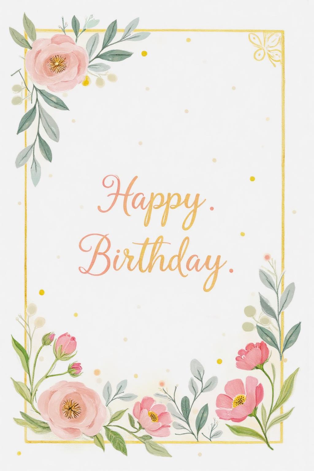 al1ca Illustration. 
A sophisticated birthday card design in an elegant watercolor style. Delicate floral arrangements in soft pastel tones—roses, peonies, and eucalyptus—frame the card. A white background with subtle gold foil accents adds a touch of luxury. In the center, the text ‘Happy Birthday’ is written in elegant calligraphy with a soft pink and gold gradient. The design is clean and modern, with a warm and gentle vibe. <lora:al1ca1_cap_d6a3e11:1.0><lora:828064519516537380:0>