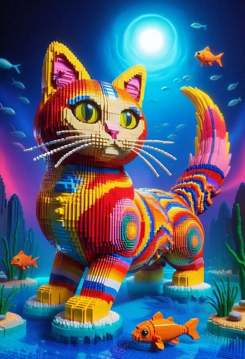 Surreal style, Radiant, big-eyed cat made of lego at night, fishes swim in the background, the cat is dreaming, abstract art by Anne Truitt, Synthetism, psychedelic colors, psychadelic, sharp focus, highly intricate, full color, confident, intricate artistic color, handsome