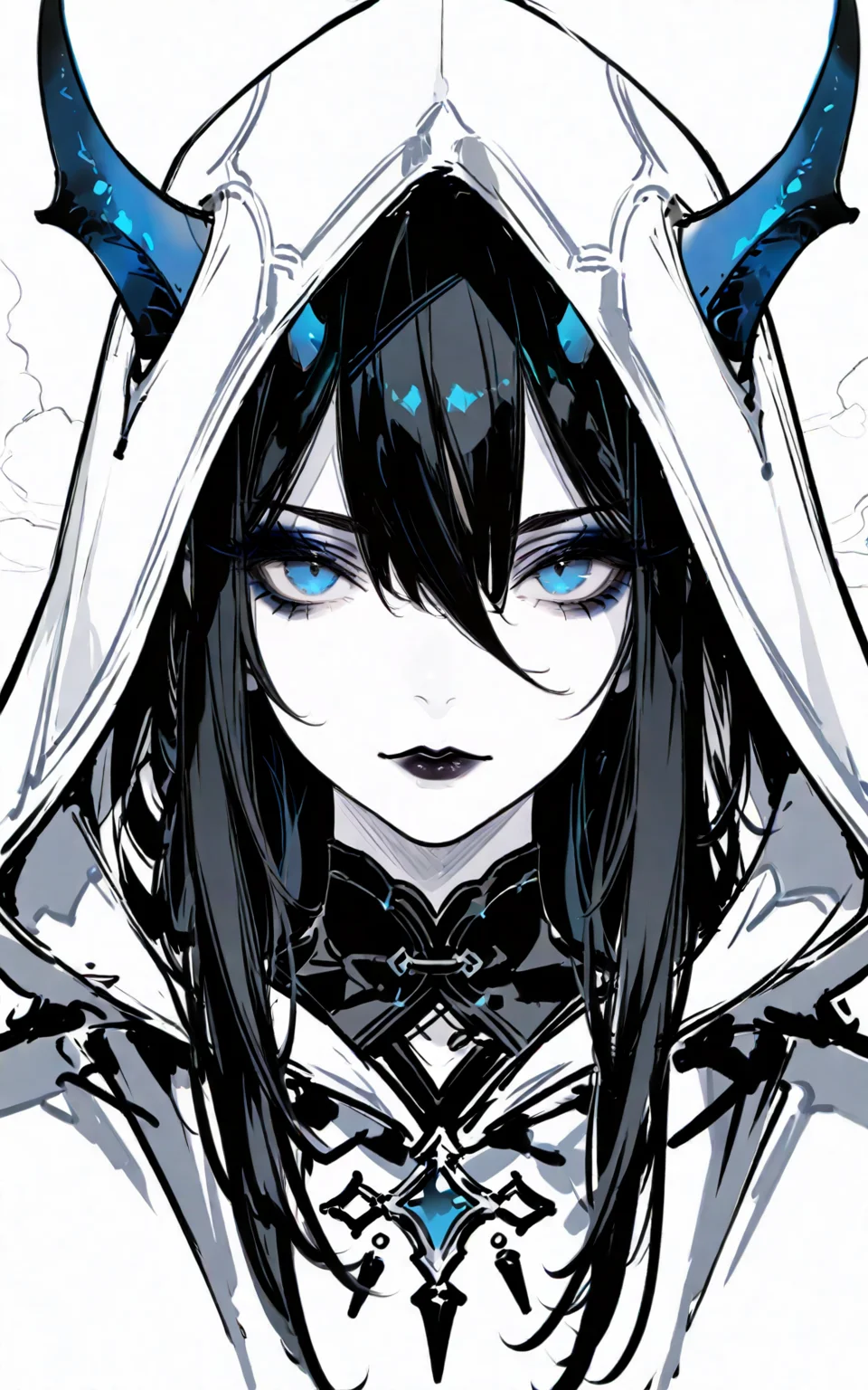 masterpiece, best quality, good quality, very aesthetic, absurdres, newest, extremely detailed, amazing quality, usnr, 748cmstyle, woman, solo, horns, blue horns, blue eyes, pale skin, black lips, makeup, long hair, black hair, hair between eyes, bangs, hood, hood up, jewelry, portrait, looking at viewer, fantasy, limited palette, monochrome, sketch