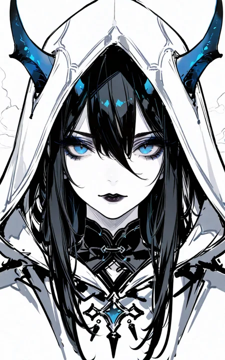 masterpiece, best quality, good quality, very aesthetic, absurdres, newest, extremely detailed, amazing quality, usnr, 748cmstyle, woman, solo, horns, blue horns, blue eyes, pale skin, black lips, makeup, long hair, black hair, hair between eyes, bangs, hood, hood up, jewelry, portrait, looking at viewer, fantasy, limited palette, monochrome, sketch