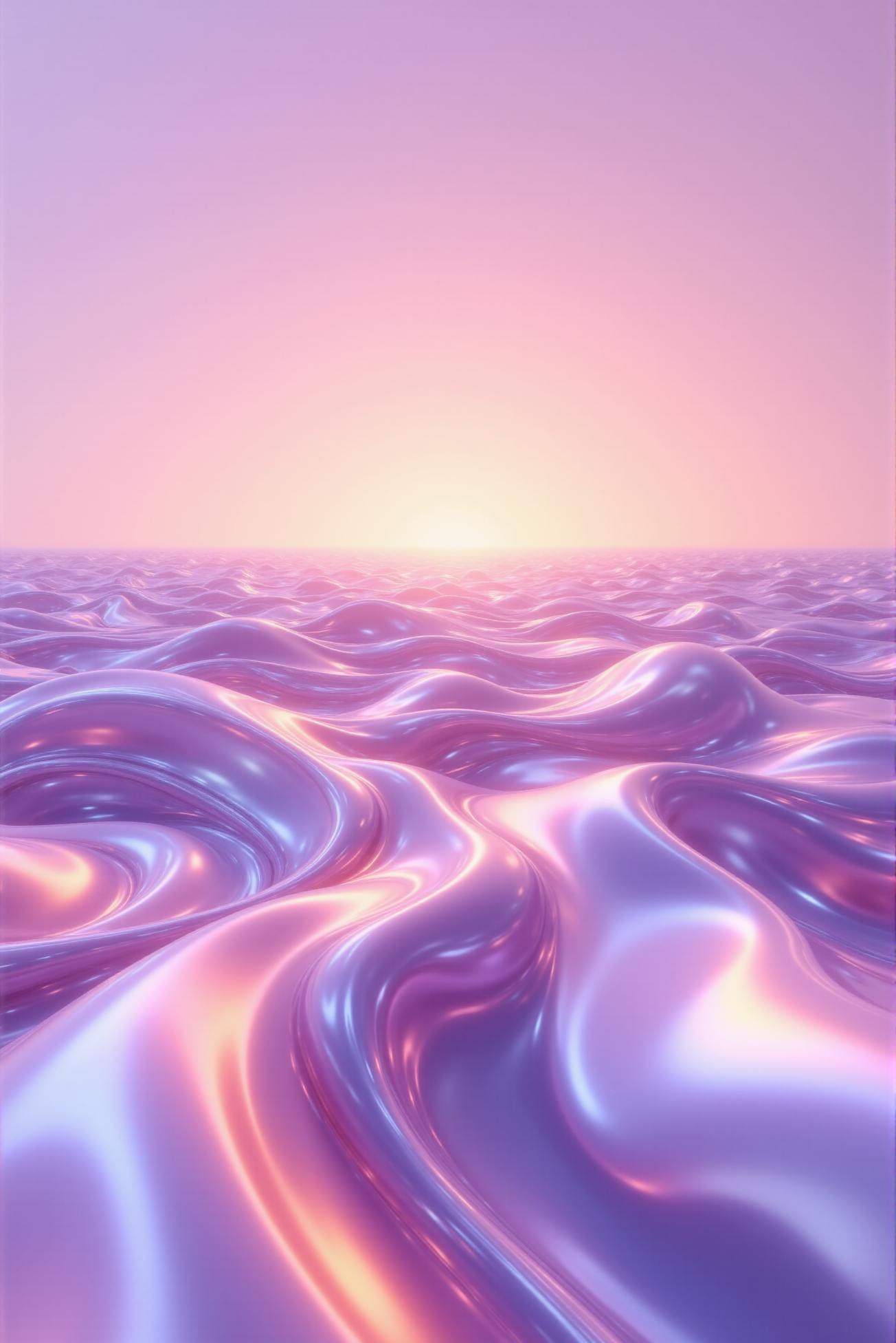 <lora:Vibrantly_Abstract_style:0.8> VibrantlyAbstract style. 
A seamless expanse of hyper-glossy, undulating fabric unfolds in a mesmerizing interplay of light and motion, rendered in ultra-high-definition with photorealistic reflections and smooth subsurface scattering. The surface glows with a pearlescent sheen that oscillates between soft rose gold and lavender metallics, reflecting ambient light in elongated streaks and curved highlights. The flowing contours rise and dip in smooth topographic waves, sculpted with liquid precision that mimics the tension of silk suspended in zero gravity. The color transitions are subtle and elegant, following a complementary blend of blush pink and icy periwinkle, accentuated by the soft bounce of light across the ridges. The texture is taut and flawless, creating a sense of frictionless fluidity, with every curve and valley defined by tight specular highlights and low-shadow depth. Composed with a cinematic wide-angle perspective, the abstract folds stretch into the horizon like an infinite ocean of satin, evoking a dreamlike atmosphere of weightless elegance and high-fashion minimalism fused with digital surrealism.