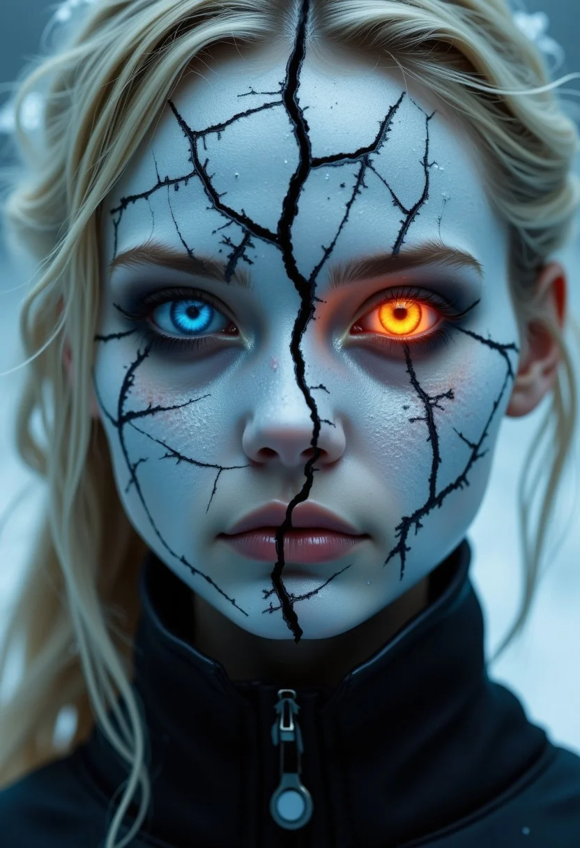 The image is a photograph of a young woman with a striking, otherworldly appearance. Her face is split down the middle, creating a stark contrast between the left and right sides. The left side of her face is covered in a thick layer of white, cracks from which ice comes, giving it a ghostly, ethereal appearance with her blue eye. Her eye on this side glows with a fierce, fiery orange light, contrasting dramatically with the cold, white texture. she has blonde hair and a beautiful face.