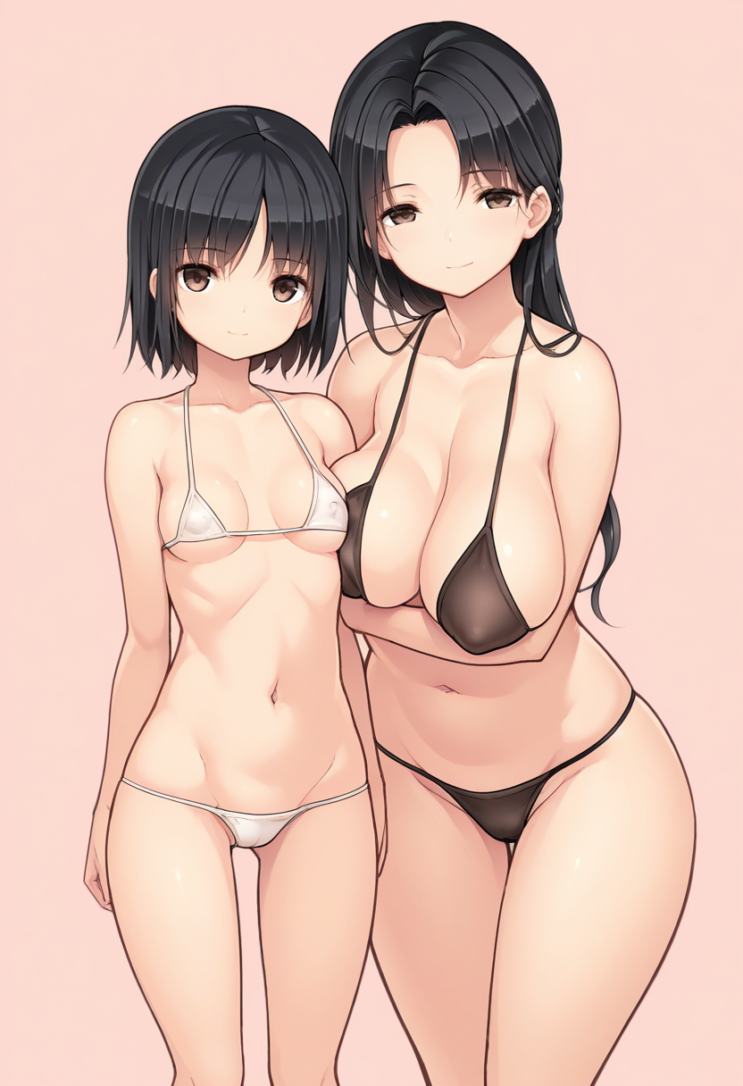 masterpiece, best quality,  
 <lora:Messhi_Style:1> M355h1, 2girls,standing,looking at viewer, light smile,black hair, long hair, small breasts,black hair, short hair, mature female, large breasts,tiny bikini, covered nipples,pink background, simple background,