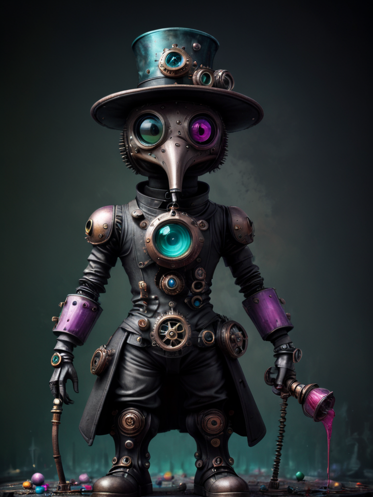 High quality macro photo of a dystopian futuristic plague doctor, Top hat, dystopian 17th century London, full body, Science fiction kawaii, <lora:drkkaw-V2_epoch_5:0.9>