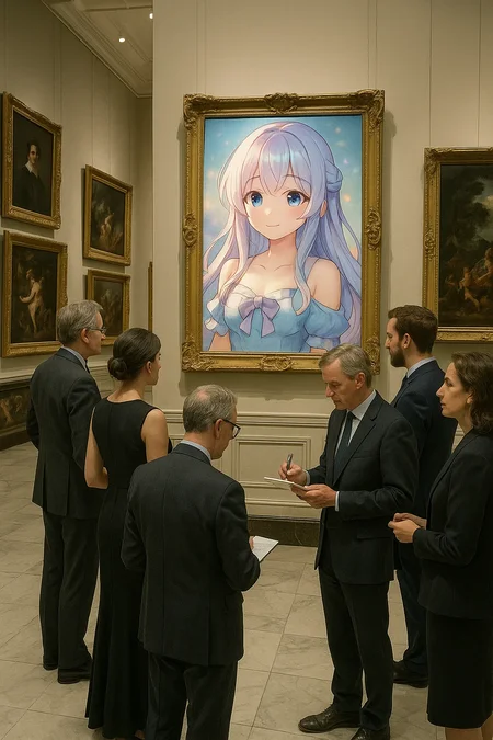 Inside a pristine, high-end art gallery with polished marble floors, soft diffused lighting, and elegantly framed classical paintings lining the walls portraits of nobility, mythological scenes, and baroque landscapes one painting draws an unusual amount of attention. In stark contrast to the surrounding works, it features a highly detailed, vividly colored anime-style waifu a young woman with flowing pastel hair, large expressive eyes, and a serene smile, dresed in a stylized, softly glowing outfit. Despite the stylistic clash, a small group of well-dressed visitors zrt critics, collectors, and patrons in suits and evening gowns gather before it, admiring it intently with thoughtful expressions. Some are taking notes, others discussing its composition seriously. The scene captures the surreal harmony of old-world refinement embracing modern pop culture with genuine appreciation.