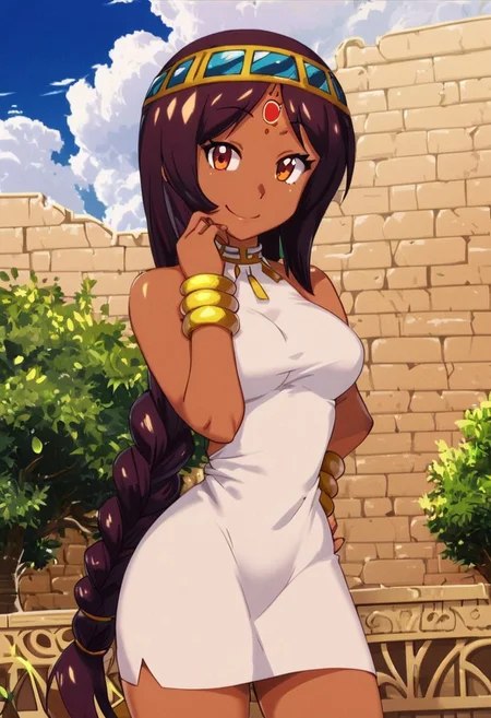 score_9, score_8_up, score_8, medium breasts, (curvy), cute, eyelashes,
BREAK,
,,,
zzSerket, dark skin, large breasts, long white dress, bare shoulders, jewelry, very long hair, bracelet, single braid, circlet,,
,,,
BREAK,
smile, looking at viewer, cowboy shot, outdoors, sunny day, sky, day, cloud, tree, blue sky, sunny,
Expressiveh,