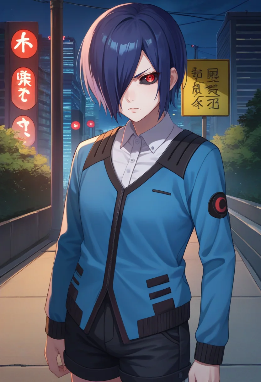 score_9, score_8_up, score_7_up, source_anime, solo, 1girl, kirishima touka, serious, looking at viewer, standing, blue hair, hair over one eye, red eyes, black sclera, blue jacket, long sleeves, white shirt, collared shirt, black shorts, night, outdoors, city street <lora:tokyoghoul_kirishima_ponyXL:1>