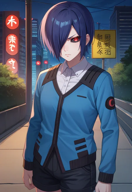 score_9, score_8_up, score_7_up, source_anime, solo, 1girl, kirishima touka, serious, looking at viewer, standing, blue hair, hair over one eye, red eyes, black sclera, blue jacket, long sleeves, white shirt, collared shirt, black shorts, night, outdoors, city street <lora:tokyoghoul_kirishima_ponyXL:1>