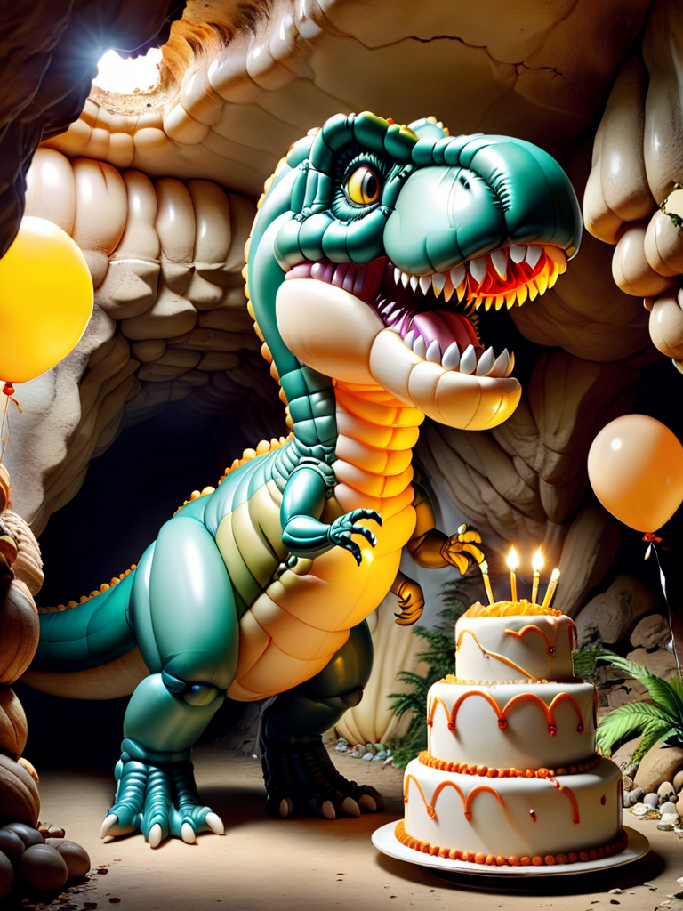 balloonz, balloon trex, t-rex, standing trex, birthday party, cake, in a cave, stoneage, celebration birthday, short trex arms, can´t eat cake, is sad about it <lora:balloonz:0.8>