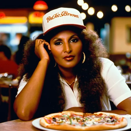cinematic film still of <lora:detailed:0.4> detailed
<lora:perfection style:0.4> perfect
<lora:PerfectEyesXL:0.3>
<lora:Jackie Brown 1997 film style:0.9>
Pam Grier Jackie Brown a woman sitting at a table with a pizza,1girl,long hair,brown hair,hat,brown eyes,jewelry,earrings,solo focus,blurry,lips,curly hair,hoop earrings,realistic,photo background,restaurant , Jackie Brown 1997 film style, shallow depth of field, vignette, highly detailed, high budget, bokeh, cinemascope, moody, epic, gorgeous, film grain, grainy
