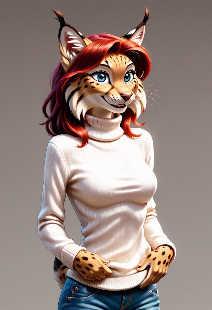 digital_media_(artwork) hi_res, score_9, score_8_up, score_7_up, score_6_up, source_furry, rating_safe, anthro, furry, female, furry female, detailed textured fur, fur tufts, lynx, red hair, blonde brown fur, spots, beautiful blue eyes, medium breasts, covered breasts, slim, slender, turtleneck sweater, denim jeans, smile, SFW,