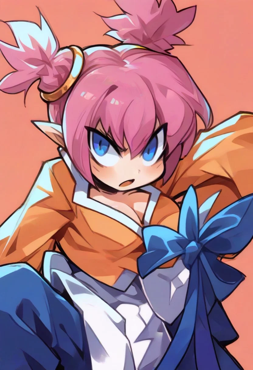, fghtmstrssxl,twintails,blue eyes,pink hair,short hair,pointy ears,, cleavage cutout,orange shirt with long sleeves,blue pants,long white shirt,blue ribbon,long white pelvic curtain, ,bow,,<lora:FightMistressXL:0.9>,
