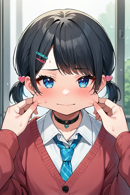 score_9, score_8_up, score_7_up, source_anime, <lora:Concept_-_better_cheek_pinching_and_mouth_pull_Pony:1>, cheek pinching, good fingers, five fingers, best quality, high quality, 1girl, cheek pinching, shirt, twintails, hairclip, black hair, hair ornament, collared shirt, necktie, pinching, blush, blue necktie, bangs, looking at viewer, solo focus, choker, blue eyes, white shirt, pov, heart, cardigan, blurry, short twintails, sweat