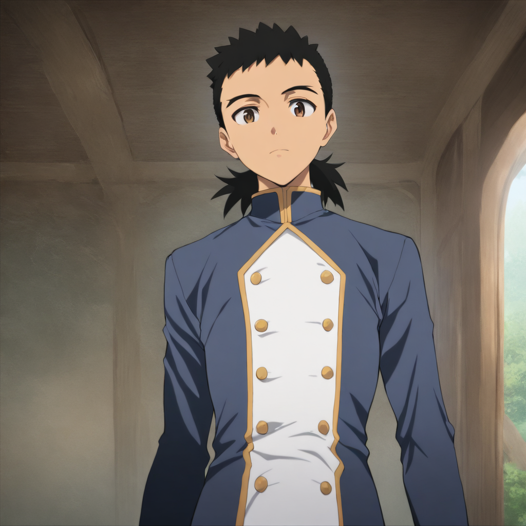 solo,looking at viewer,masterpiece,high score,great score,absurdres,<lora:Kenshi_Masaki ag4o v1:1> 1boy, kenshi_masaki, black hair, ponytail, brown eyes,blue long sleeves,white front with buttons,
