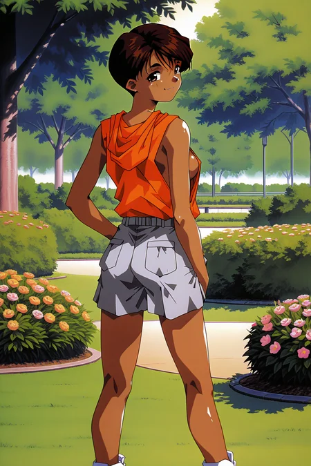 masterpiece, best quality, amazing quality, absurdres, solo, tohno mizuki, smirk, teeth, posing, from behind, looking back, sideboob, backboob, standing, closed mouth, looking at viewer, short brown hair, brown eyes, dark skin, dark-skinned female, sleeveless orange hoodie, grey shorts, white sneakers, outdoors, park, trees, grass, flowers