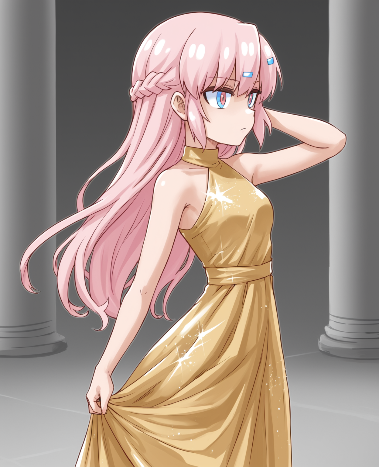 <lora:Bianca:1>, 1girl, bianca, pink hair, long hair, gold dress, indoor, posing