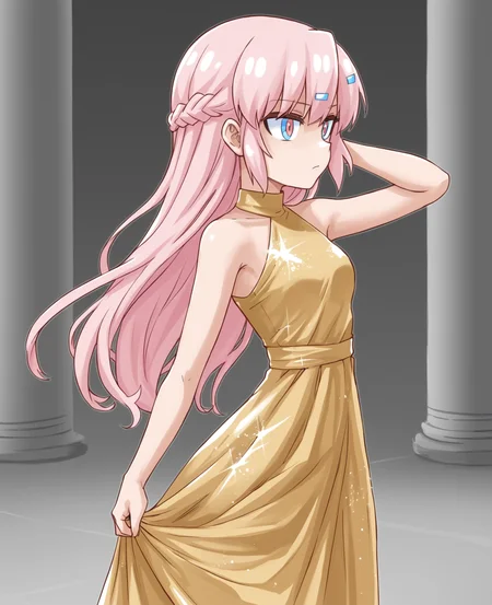 <lora:Bianca:1>, 1girl, bianca, pink hair, long hair, gold dress, indoor, posing
