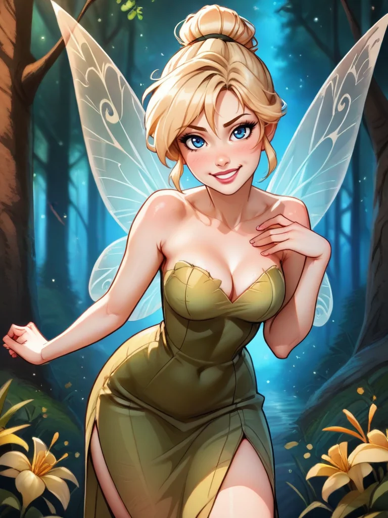 highres, hi res, best quality, masterpiece, intricate details, absurdres, 4k, anime screencap,
1girl, leaning forward, in a forest around multiple flowers, magic particles, cute pose, medium breasts, naughty face, smile, looking at viewer, cute, detailed landscape, cowboy shot,,
<lora:TinkerExtra_character:0.6>,TinkerWaifu, fairy wings, blonde hair, blue eyes, green dress, sexy, single hair bun, strapless, <lora:frostbitev2_Illu_dwnsty:0.8> frostbite,