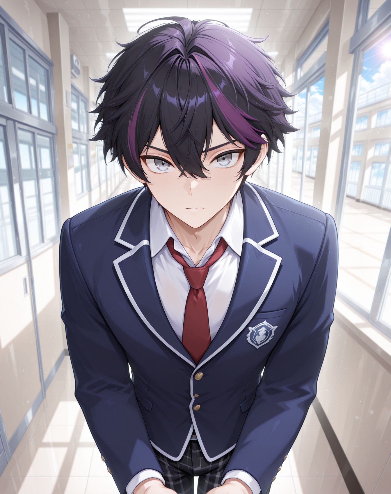 masterpiece,best quality,amazing quality, newest, very aesthetic, absurdres,
1boy, solo, yaoi, male focus, looking at viewer, cowboy shot,
<lora:Sieghart_T_Summer:1> siegtsummer, black hair, streaked hair, purple hair, grey eyes, short hair, hair between eyes,
school uniform, white shirt, collared shirt, blue jacket, red necktie, black pants, plaid pants,
indoors, school, hallway, window, day, sun,