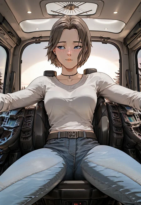 masterpiece,RobynSpade, Short hair, Brown hair, freckles, blue eyes, masterpiece, best quality, amazing quality, 1girl, solo, white shirt, blue jeans, general, <lora:motorhome:0.8>, motorhome, driver's seat, Inside the camper, (masterpiece:1.3), best quality, high resolution, unity 8k wallpaper, (illustration:1.2), 8K,